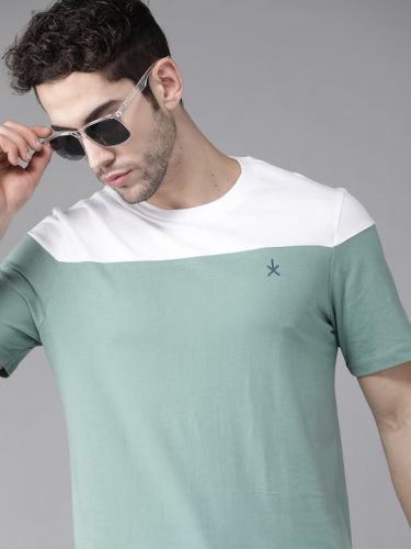 Men Green White Colourblocked Round Neck  T shirt
