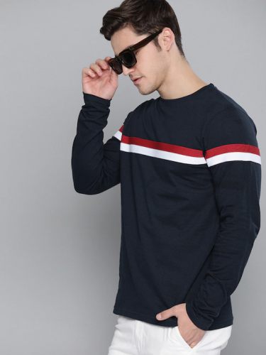 Men Navy Blue Red Striped Cotton Pure T shirt